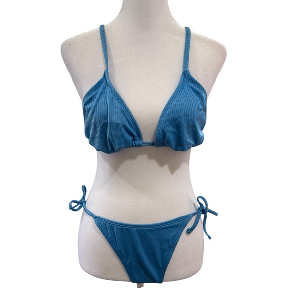 Blue Ribbed string  Bikini Set by Wild Fable top is size small bottom is size XS - Picture 1 of 10